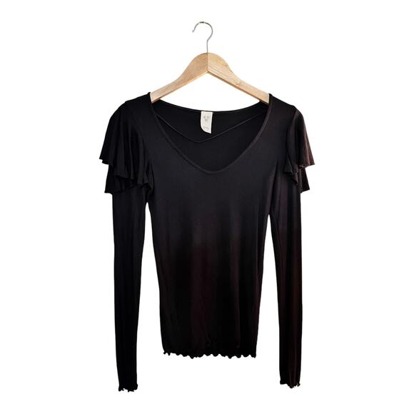 FREE PEOPLE On Rewind Jersey Black Knit Top Blouse Ruffle Long Sleeves V-Neck XS - Picture 9 of 11